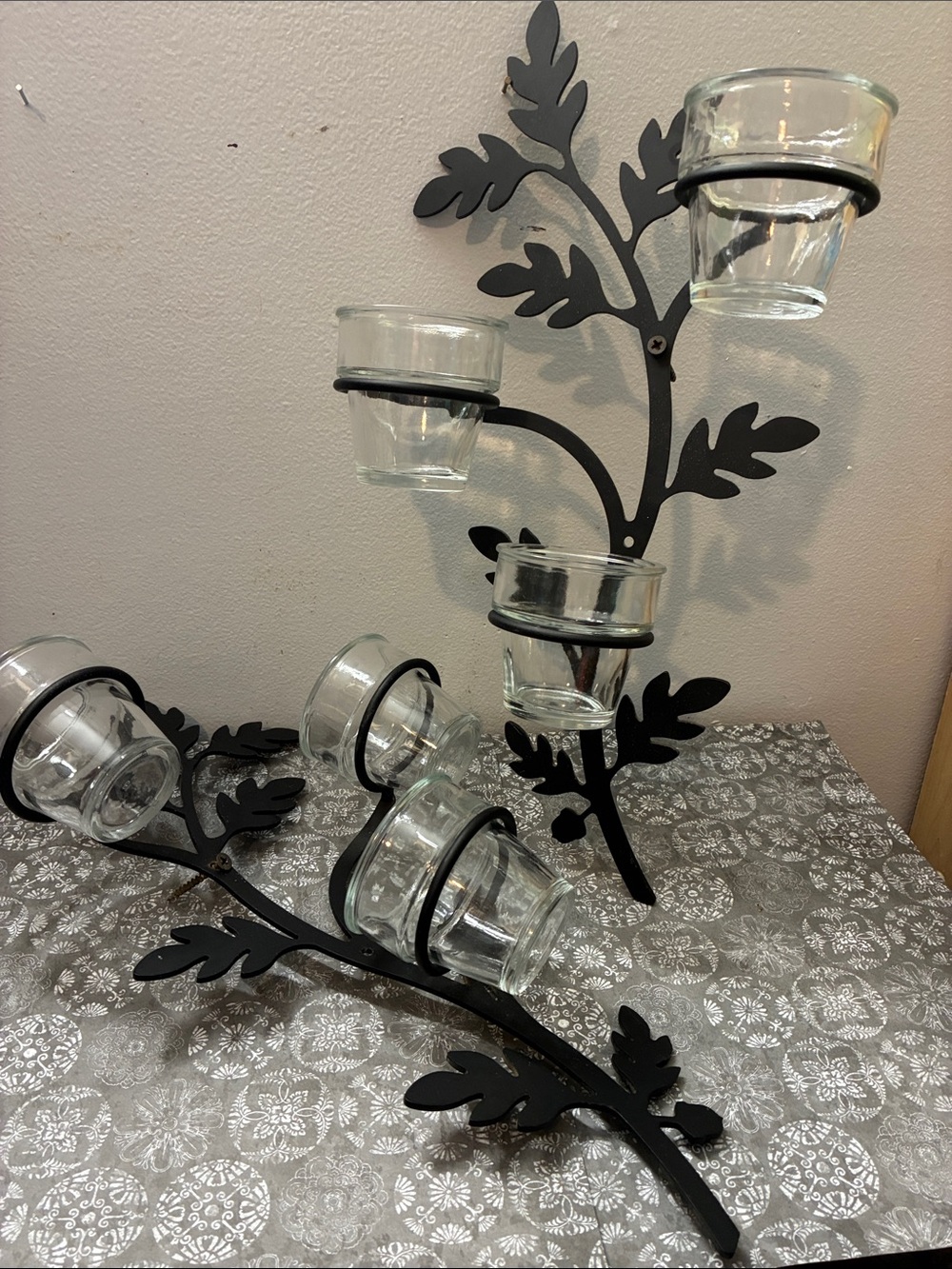 Black Leaf Metal Tealight Holder with Glass Votives -